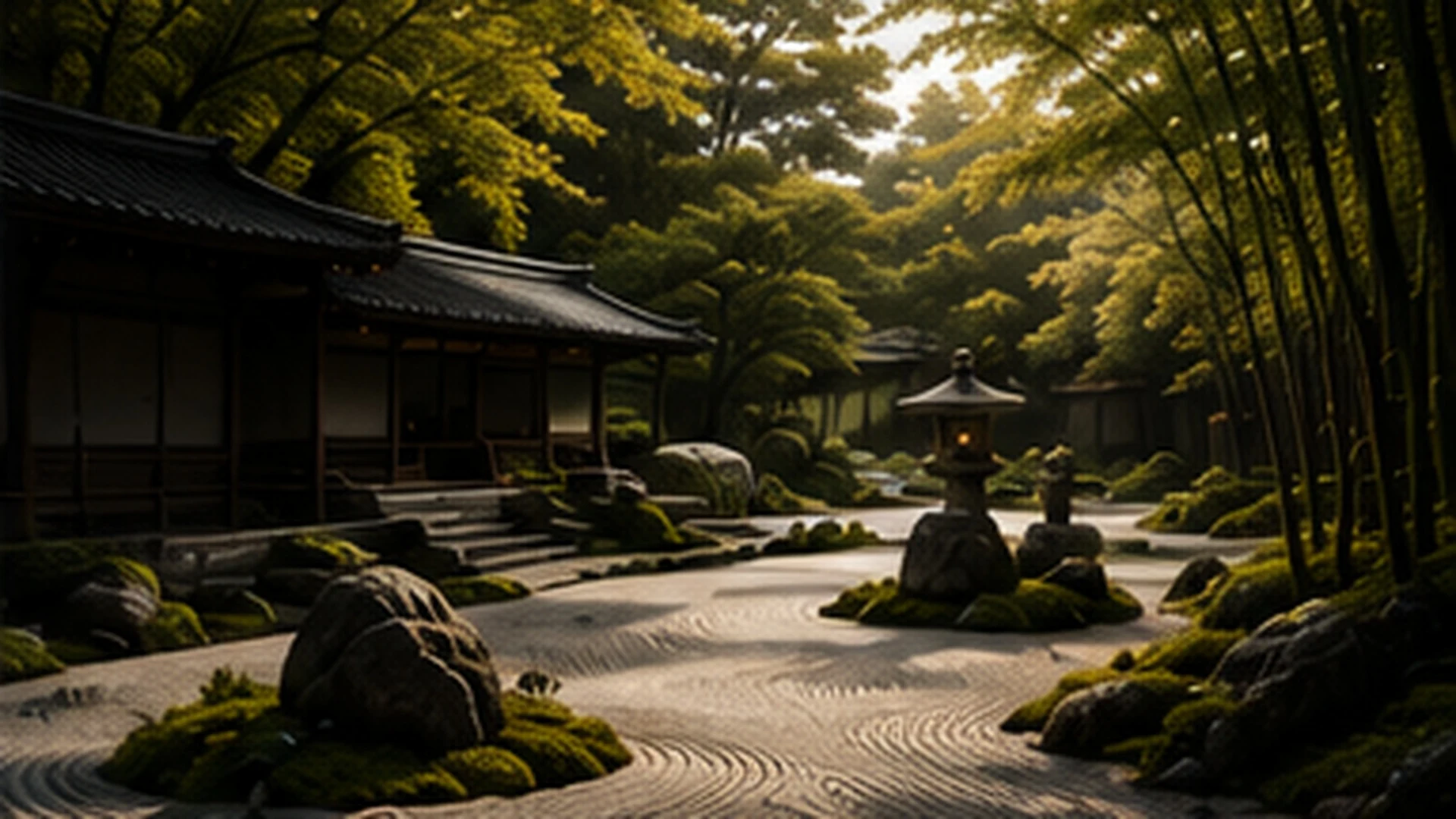 A quiet raked zen garden bordered by moss-covered rocks and a stone lantern, traditional building nearby