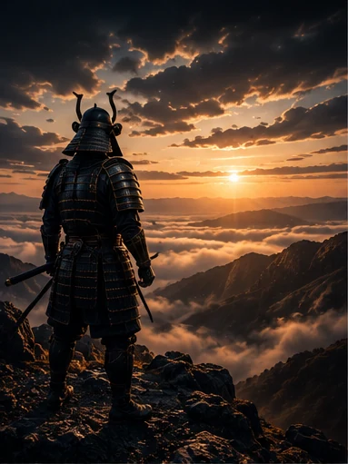 An armored samurai standing on a cliff overlooking clouds at sunset