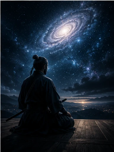 A samurai seated in quiet meditation beneath a vast spiral galaxy