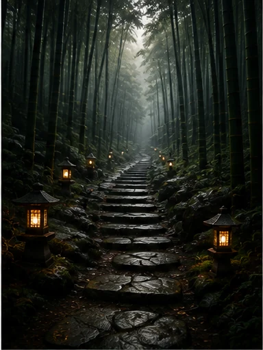 A stone path lined with glowing lanterns leading through a misty bamboo forest