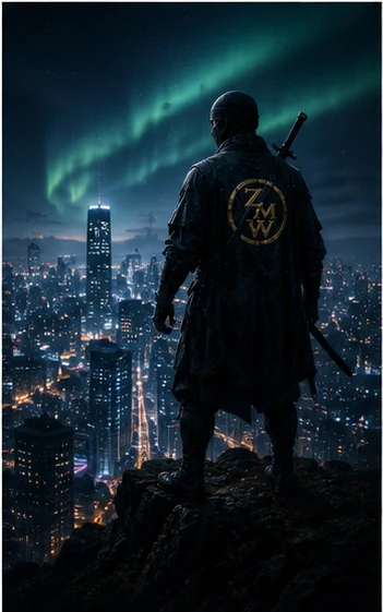 A ninja bearing the ZMW emblem overlooking a lit city skyline beneath the aurora