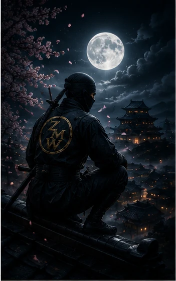 A ninja bearing the ZMW emblem seated beneath a full moon, cherry blossoms drifting past a lit castle