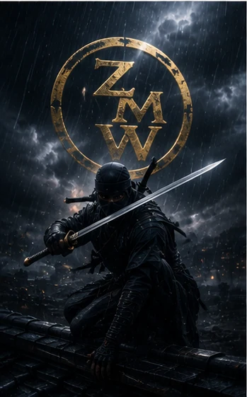 A ninja mid-draw beneath a large ZMW emblem in a lightning storm