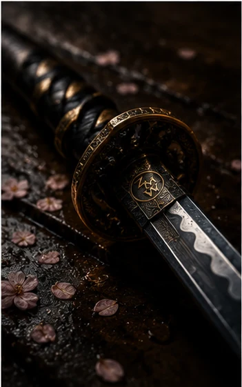 A close-up of a katana hilt bearing a small ZMW mark, cherry blossoms scattered on dark wood