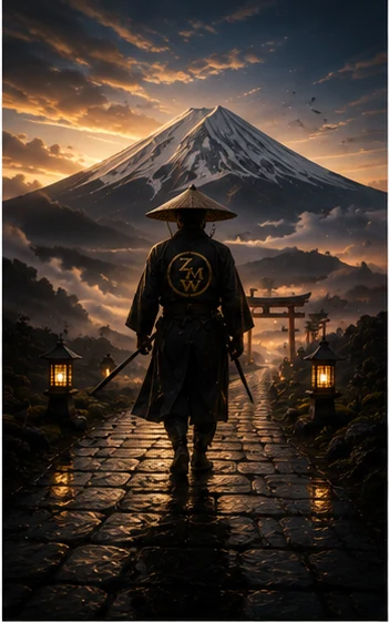 A traveler bearing the ZMW emblem walking a stone path toward Mount Fuji through a torii gate