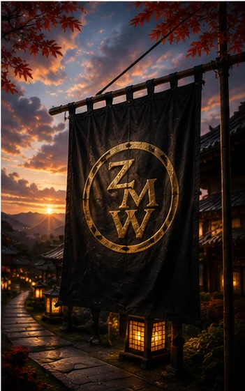 A banner bearing the ZMW emblem hanging over a lantern-lit path at sunset, maple leaves framing the scene