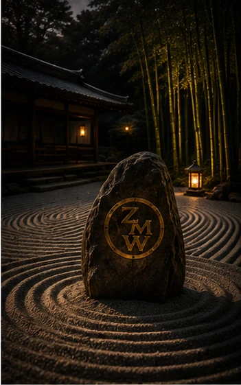 A stone marker bearing the ZMW emblem set in a raked zen garden