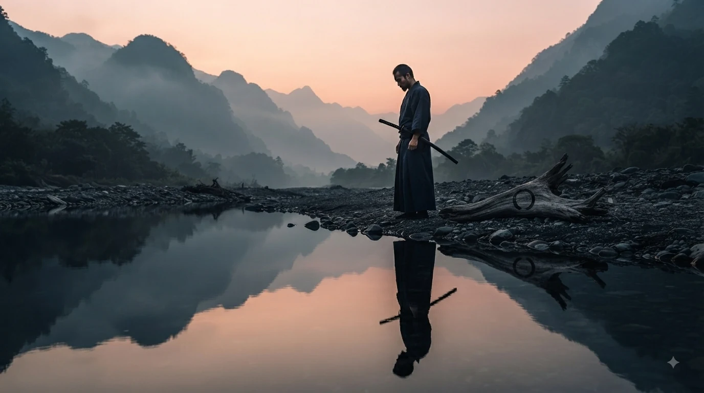 A lone samurai standing in quiet reflection at a still river at dawn