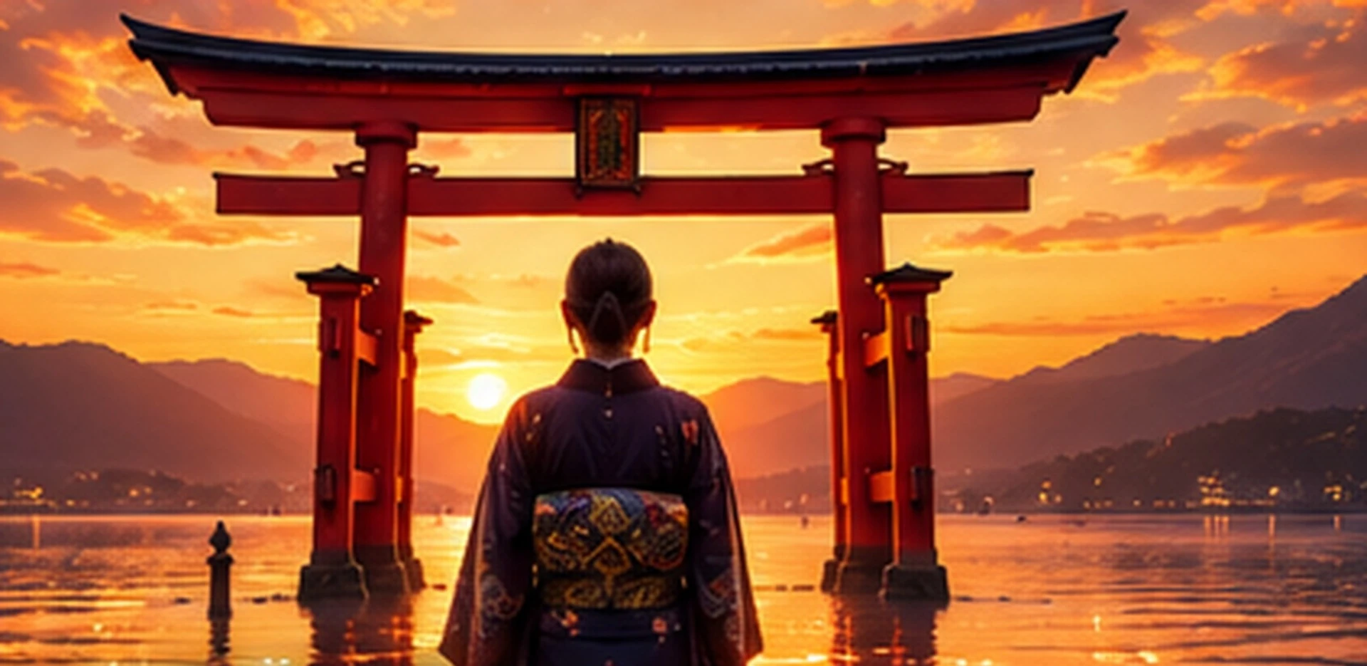 A samurai in a black kimono walking toward a torii gate at sunrise