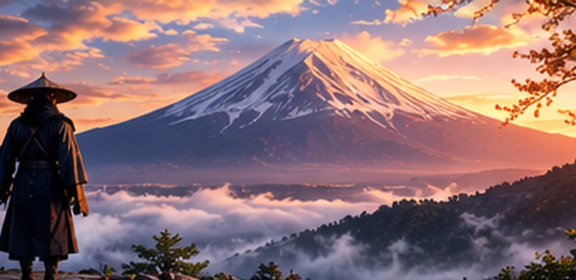 A samurai walking a stone path toward Mount Fuji at dusk