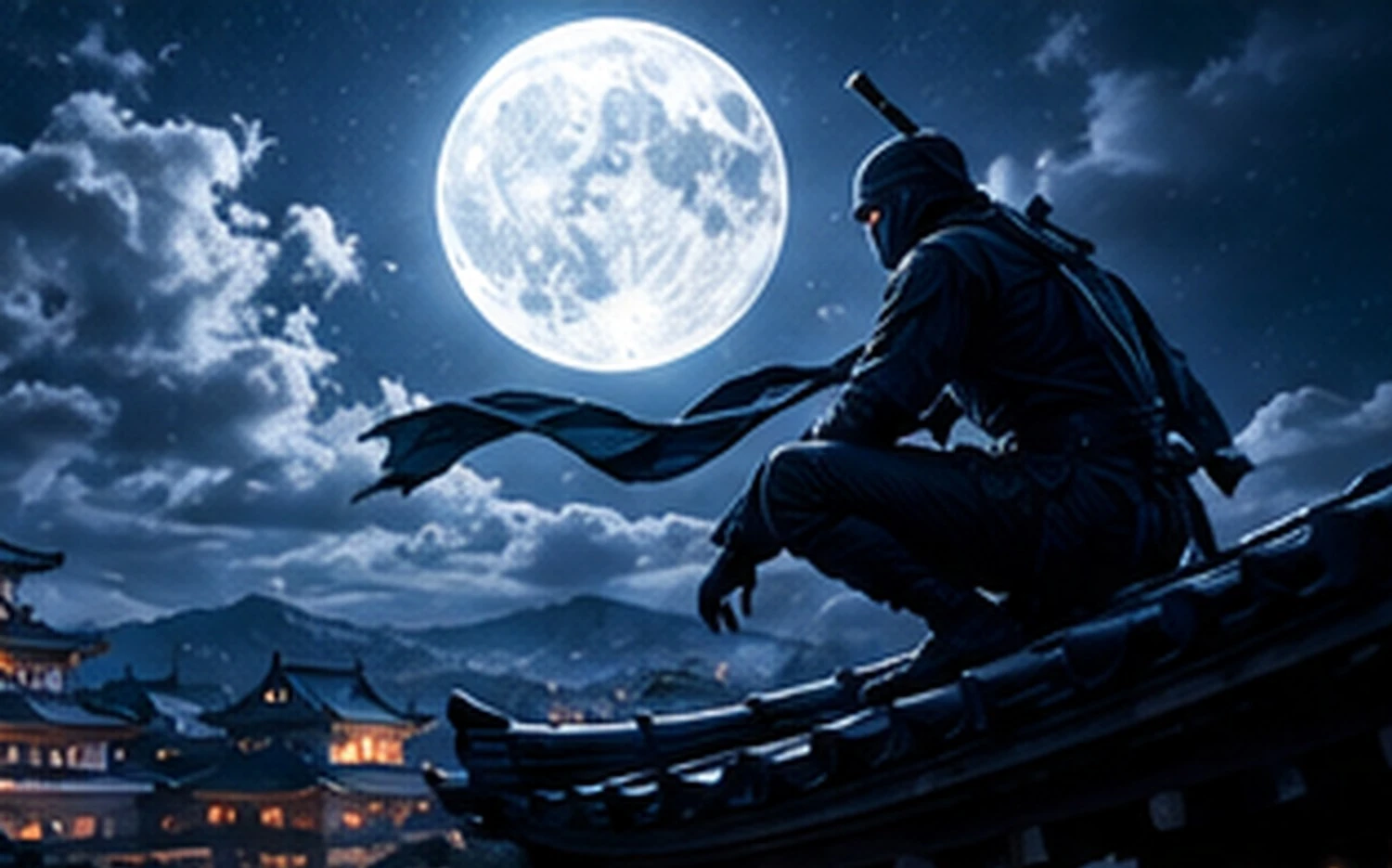 A samurai in dark tactical dress standing before a full moon, overlooking a lit castle at night
