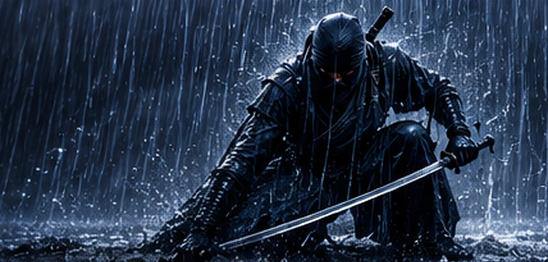 A crouched figure in dark tactical gear gripping a blade in the rain