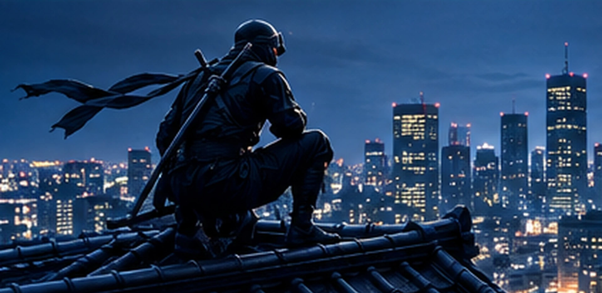 A samurai crouched on a rooftop overlooking a lit city skyline at night