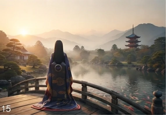 A figure in traditional dress looking out over a koi pond toward a pagoda at sunrise