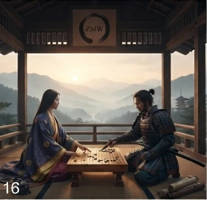 Two figures in traditional dress playing a game of Go on a covered porch overlooking mountains, ZMW emblem above