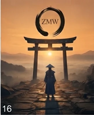 A traveler in traditional dress standing before a torii gate at sunrise