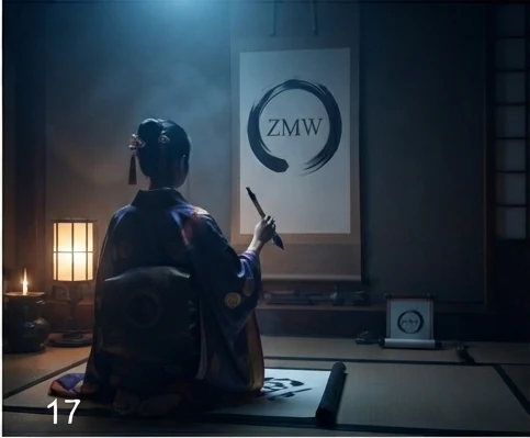 A figure in traditional dress writing calligraphy on a scroll by candlelight