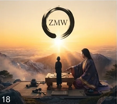 Two figures in traditional dress playing Go at a mountain overlook table