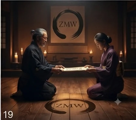 An older figure handing a tied scroll to a younger figure in a candlelit room