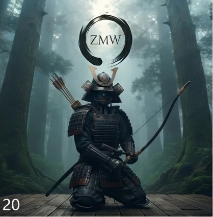 An armored archer kneeling in a misty forest, drawing a bow, ZMW emblem above