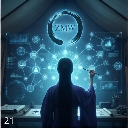 A silhouetted figure facing a glowing hologram network of connected data nodes