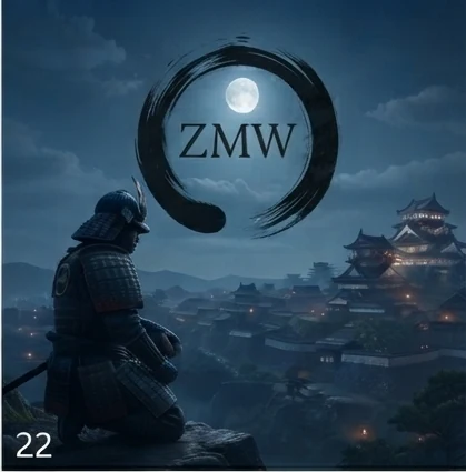 A samurai overlooking a moonlit castle town from a hillside