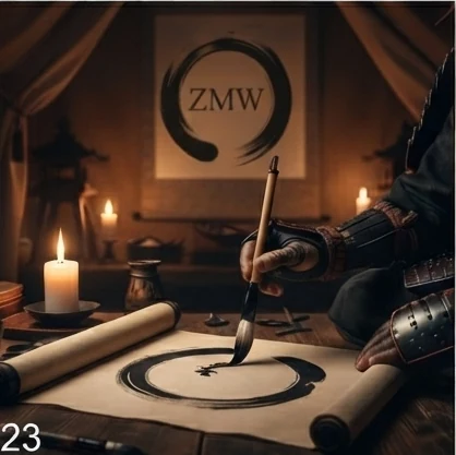A hand painting the ZMW emblem in ink on a scroll by candlelight