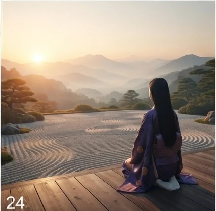 A figure in traditional dress sitting at the edge of a raked zen garden at sunset