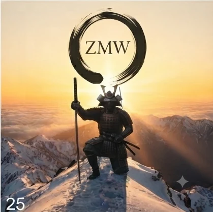 An armored samurai standing at a snowy mountain summit at sunrise