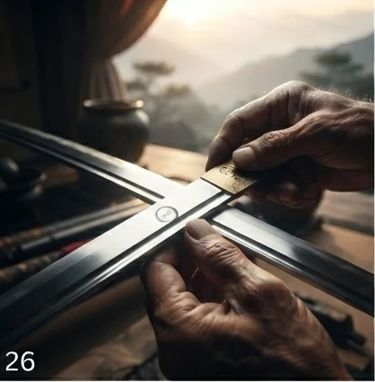 Weathered hands fitting a blade's tang exactly into place