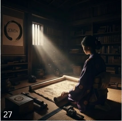 A figure in traditional dress studying a scroll by a shaft of window light