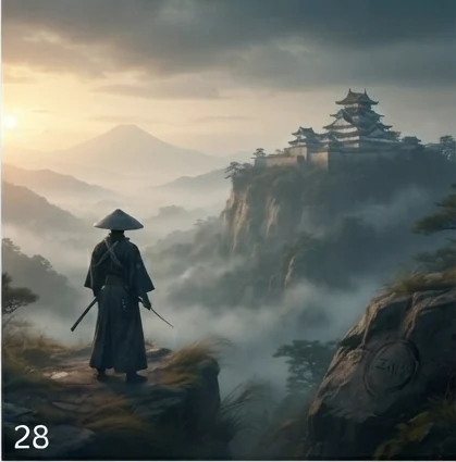 A traveler overlooking a misty mountain castle at dawn, ZMW mark carved into rock