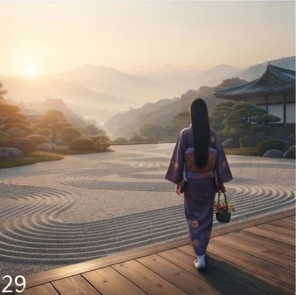 A figure in a kimono walking across a raked zen garden at sunrise toward a traditional building