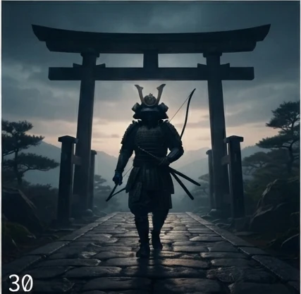 An armored archer walking through a torii gate at dusk, bow and arrows in hand