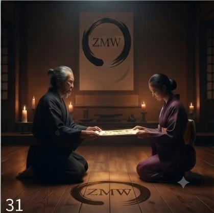 An older figure handing a tied document to a younger figure in a candlelit room, ZMW emblem above