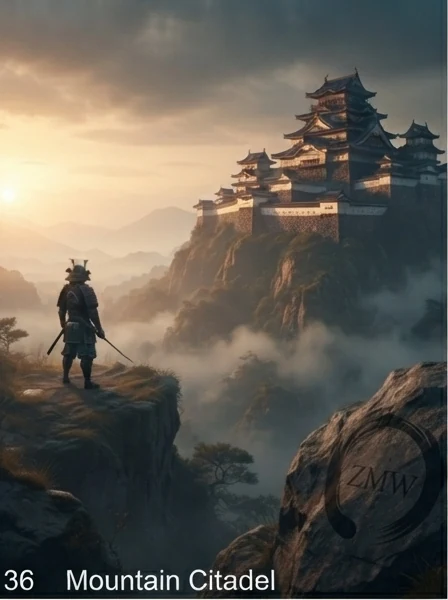 An armored figure standing on a cliff overlooking a distant mountain citadel at sunrise, ZMW mark on rock