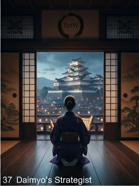 A figure in traditional dress kneeling before an open doorway, studying a lit castle in the distance, ZMW emblem above