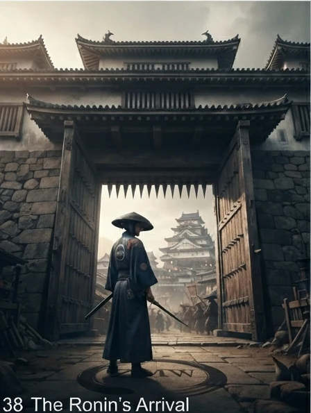 A traveler in traditional dress standing at a stone gate entrance to a fortified town at dusk