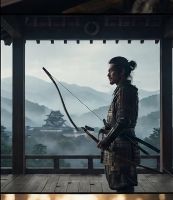 A samurai with a bow looking out over a misty valley toward a distant castle