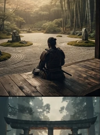 A samurai seated at the edge of a raked zen garden bordered by tall bamboo