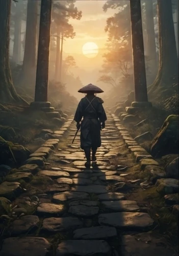 A traveler in a wide hat walking a stone forest path toward the rising sun