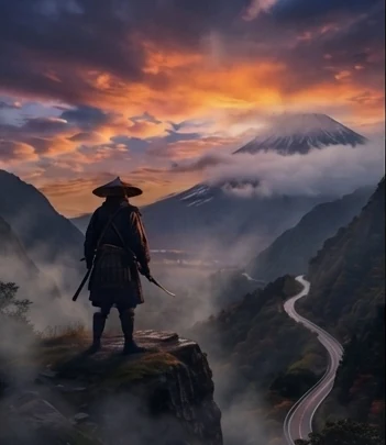A samurai standing on a cliff overlooking Mount Fuji at sunset, a road winding through the valley below