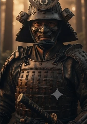 A close-up portrait of an armored samurai in an ornate helmet, forest bokeh behind