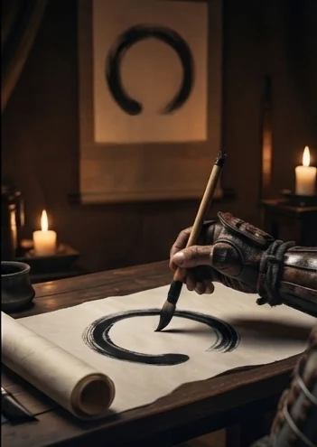 A hand painting the ZMW emblem in ink on a scroll by candlelight