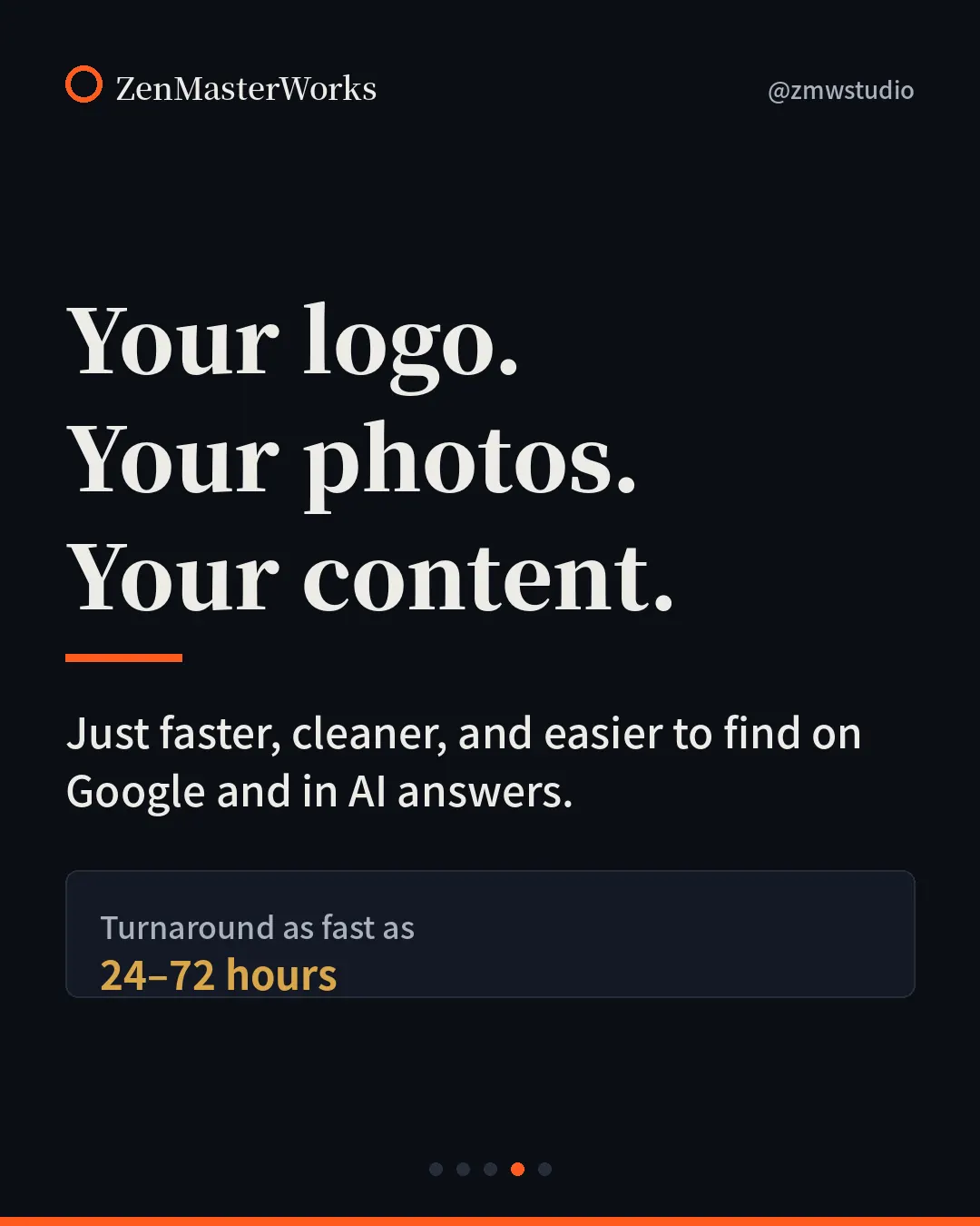 Slide 4: Your logo. Your photos. Your content. Just faster, cleaner, and easier to find. Turnaround as fast as 24 to 72 hours.