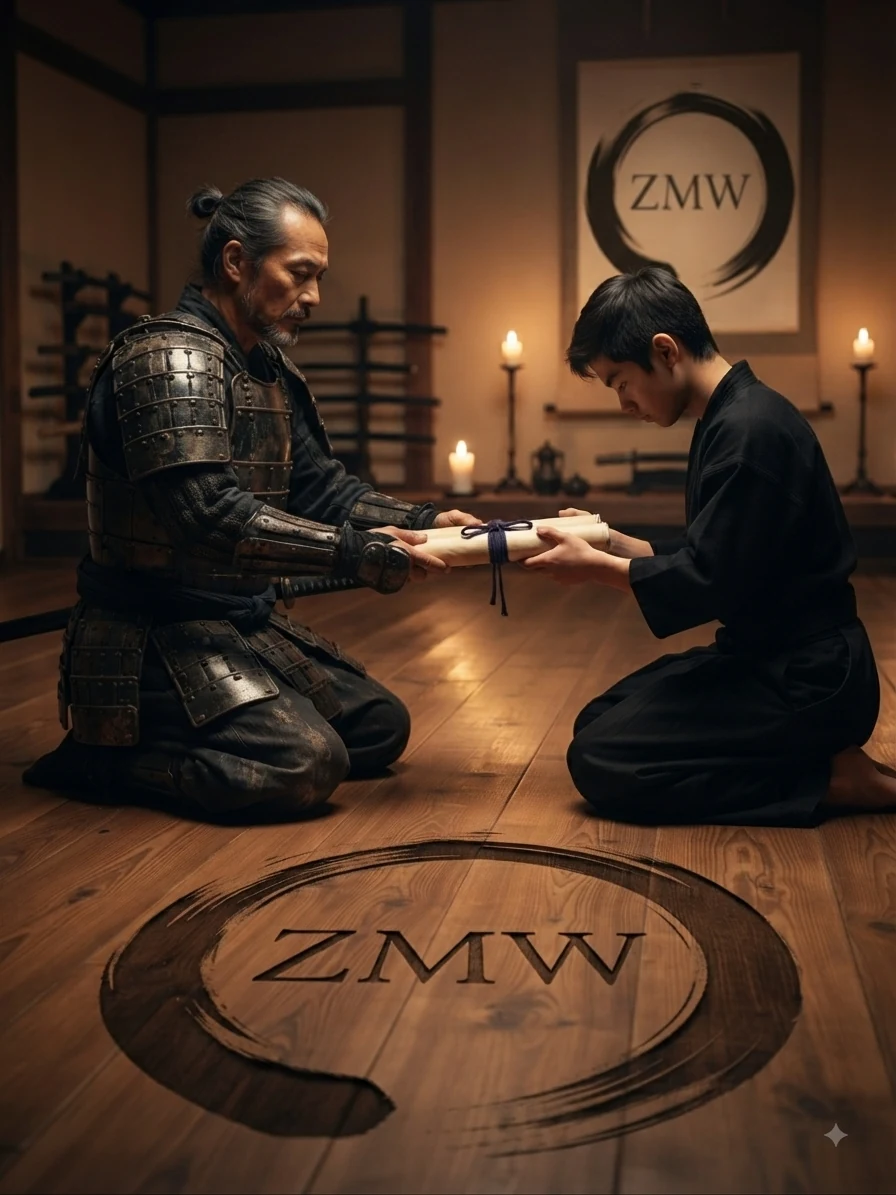 An armored master kneeling to hand a tied scroll to a young apprentice in a candlelit dojo with a ZMW emblem on the wall