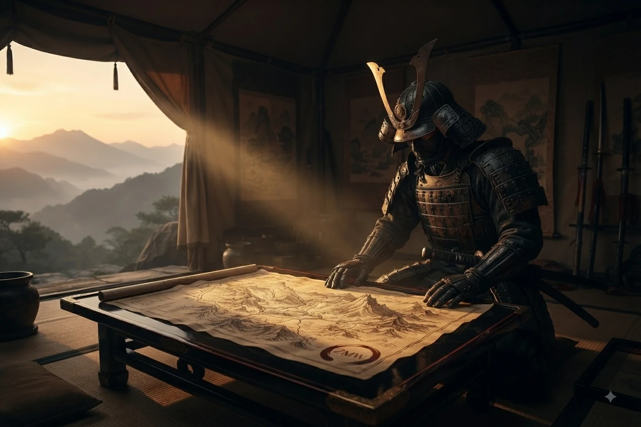 An armored samurai studying a hand-drawn mountain map by tent light at sunrise