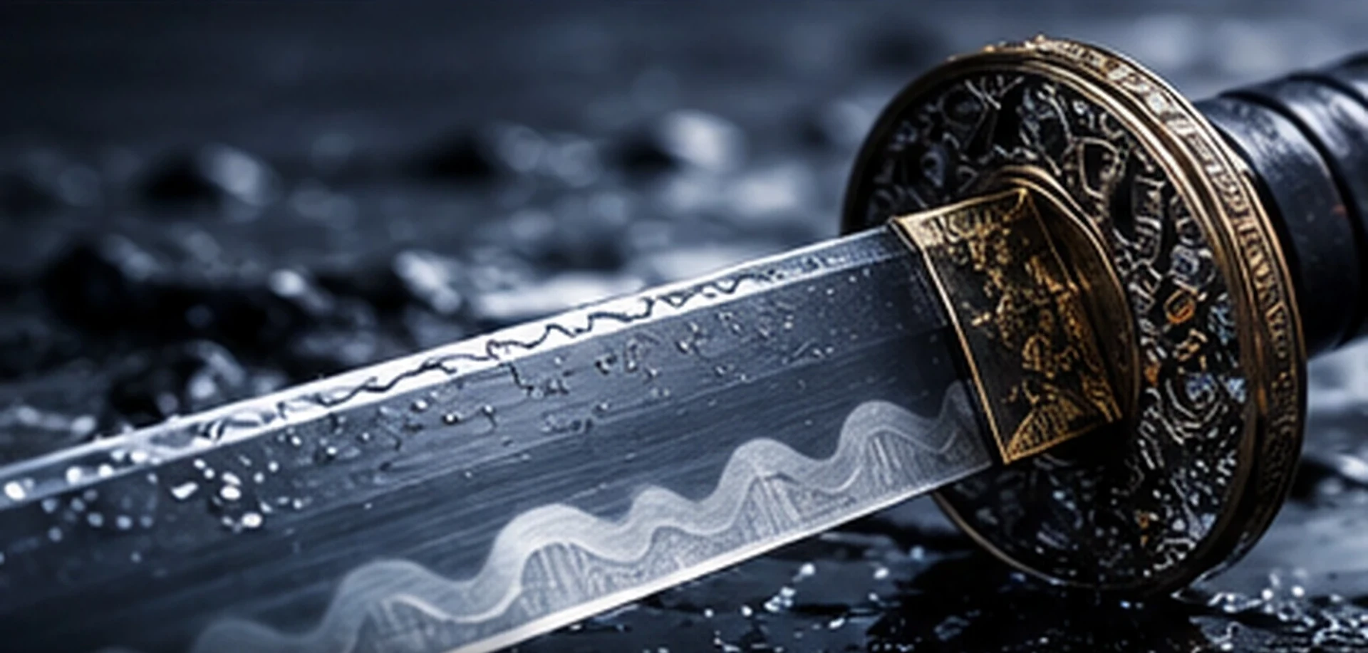 Close-up of a hand gripping a katana blade etched with ZMW