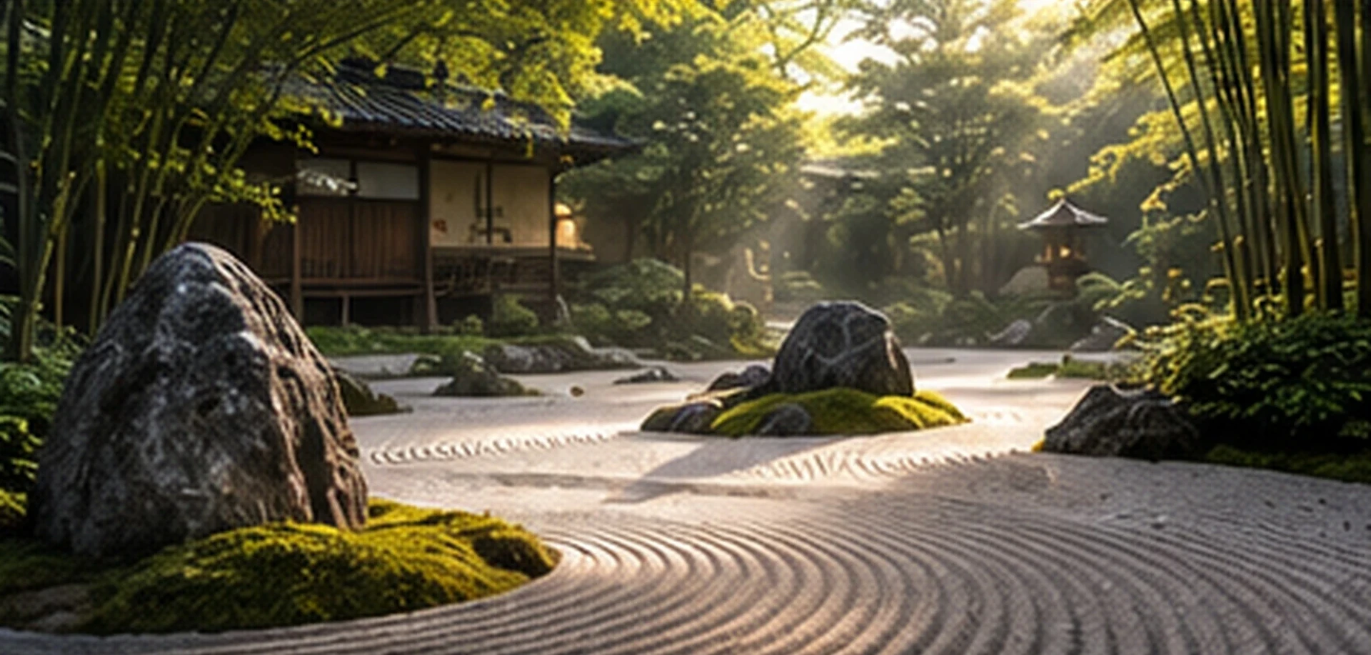 A samurai seated in seiza before a raked zen garden and cherry blossom tree